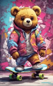 plush skater bear wallpaper with graffiti background